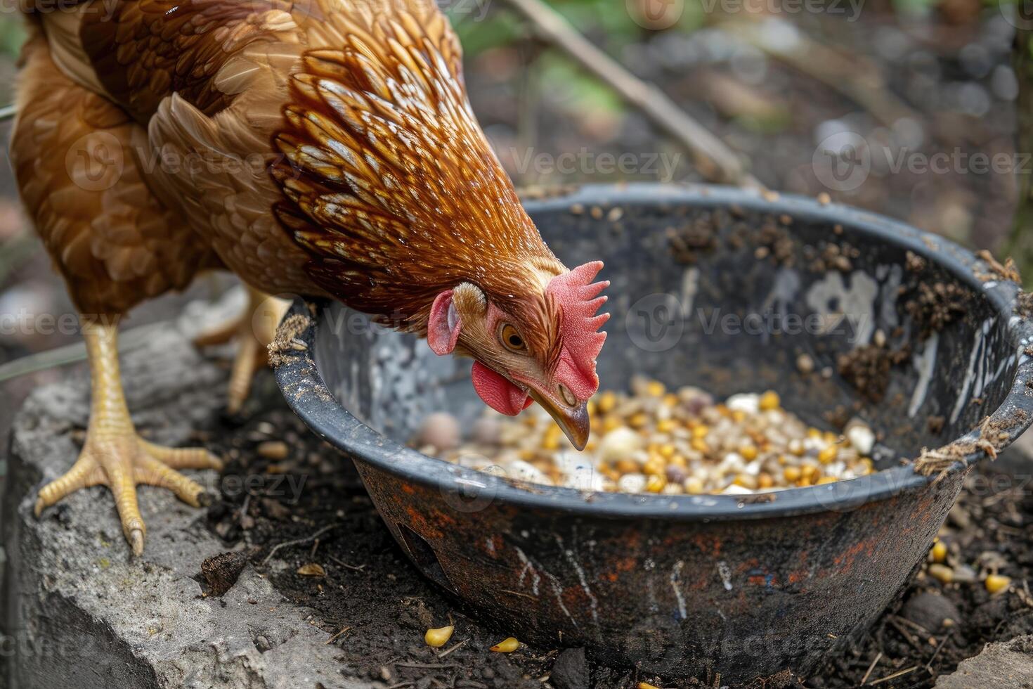 AI generated Chicken eats feed and grain at eco chicken farm photo