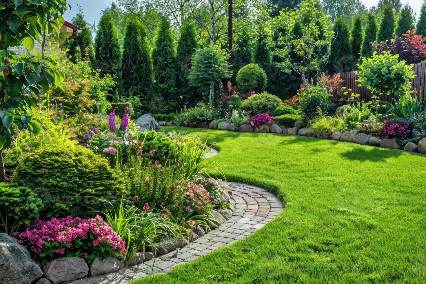 ai generado frente patio trasero, paisaje diseño con multicolor arbustos intersectando con brillante verde céspedes detrás el casa es un moderno foto