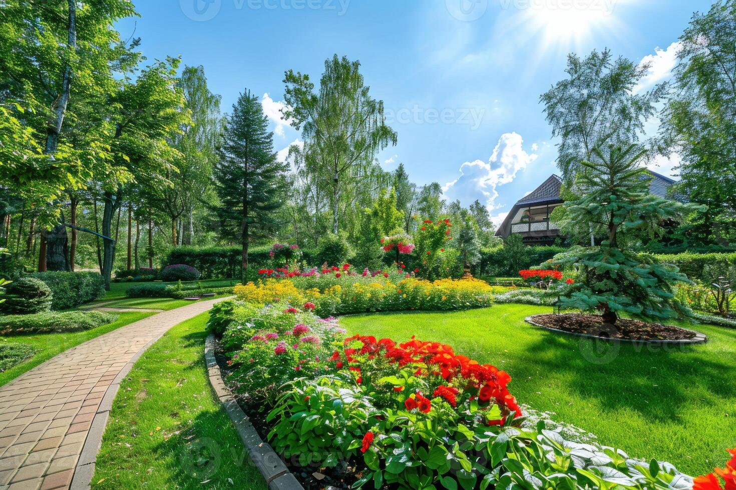 ai generado frente patio trasero, paisaje diseño con multicolor arbustos intersectando con brillante verde céspedes detrás el casa es un moderno foto