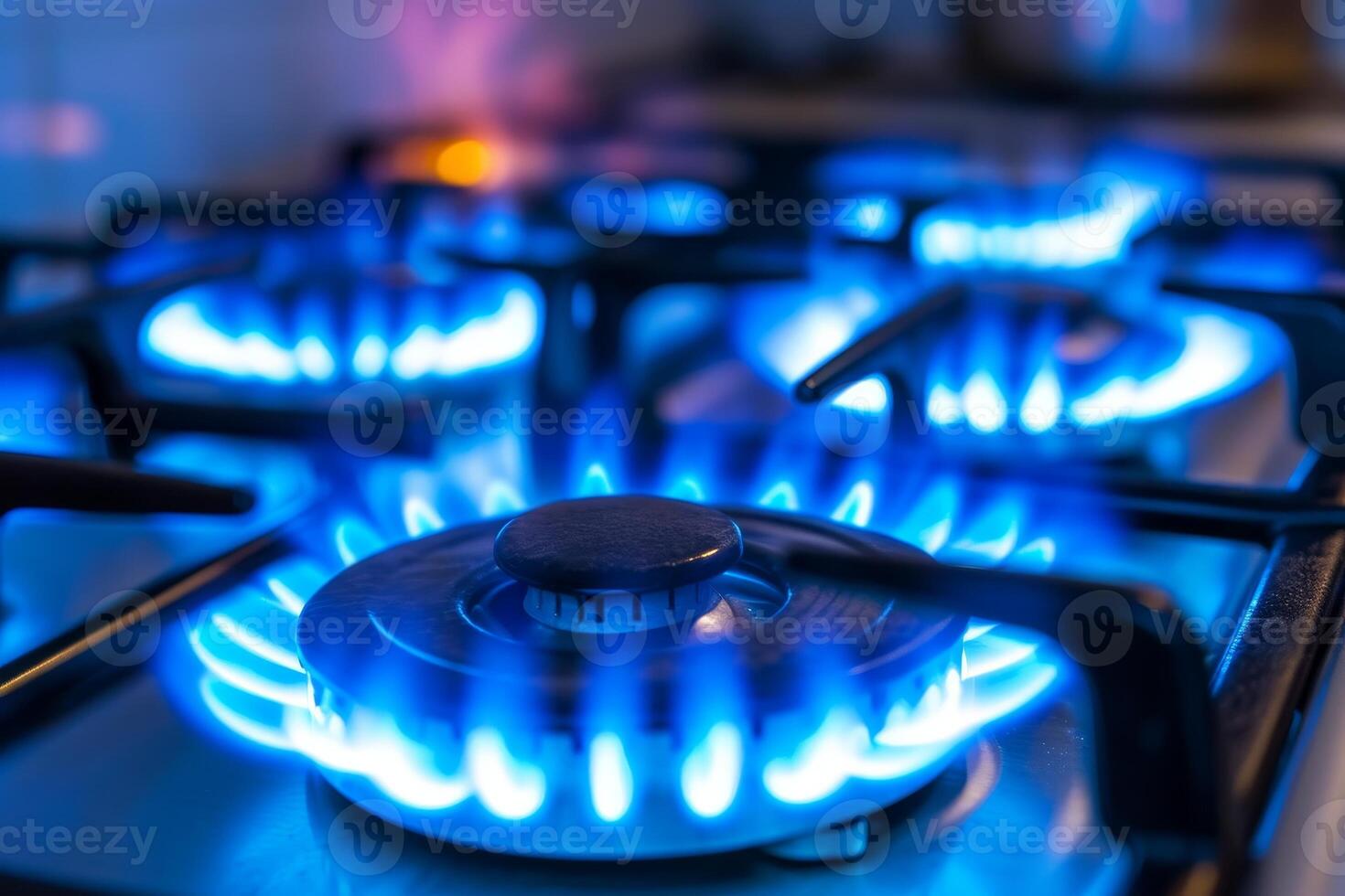 AI generated Blue kitchen gas stove flame in kitchen. photo