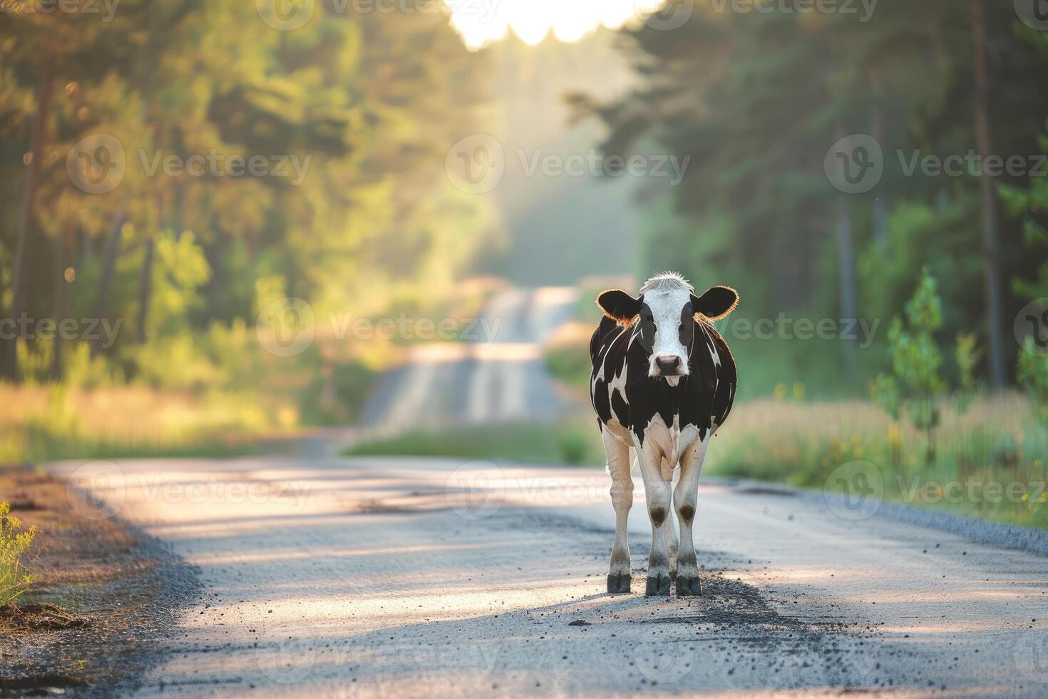 AI generated Cow standing on the road near forest at early morning or evening time. Road hazards, wildlife and transport. photo
