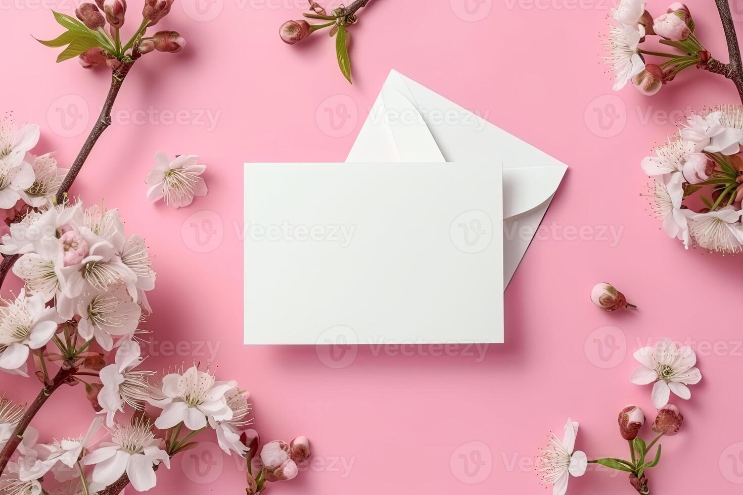 AI generated Cherry tree blossom, branches with white spring flowers and envelope over pink background photo