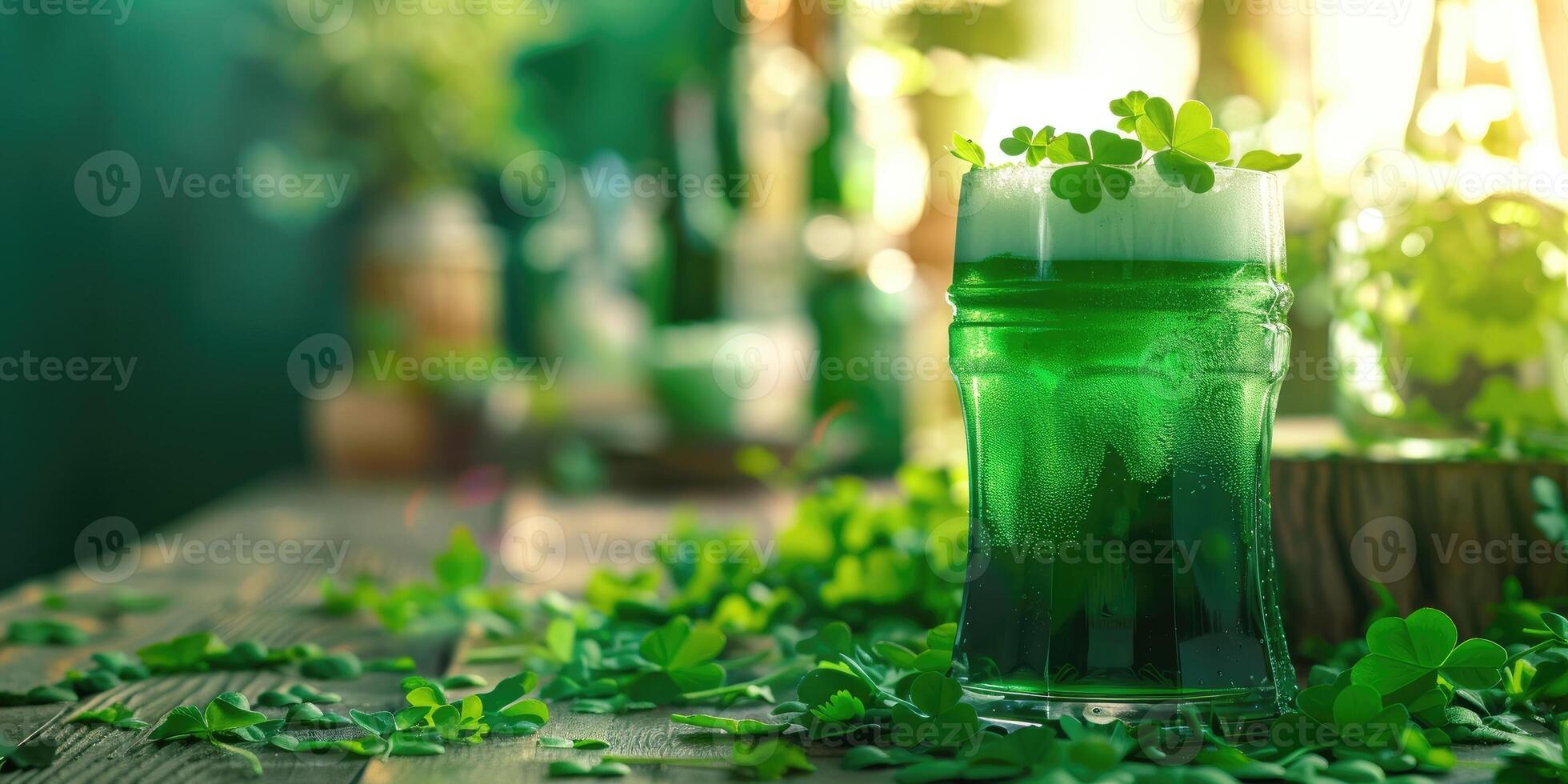 AI generated Celebrating Saint Patricks day in Ireland with a glass of green beer. St Patricks day background. photo