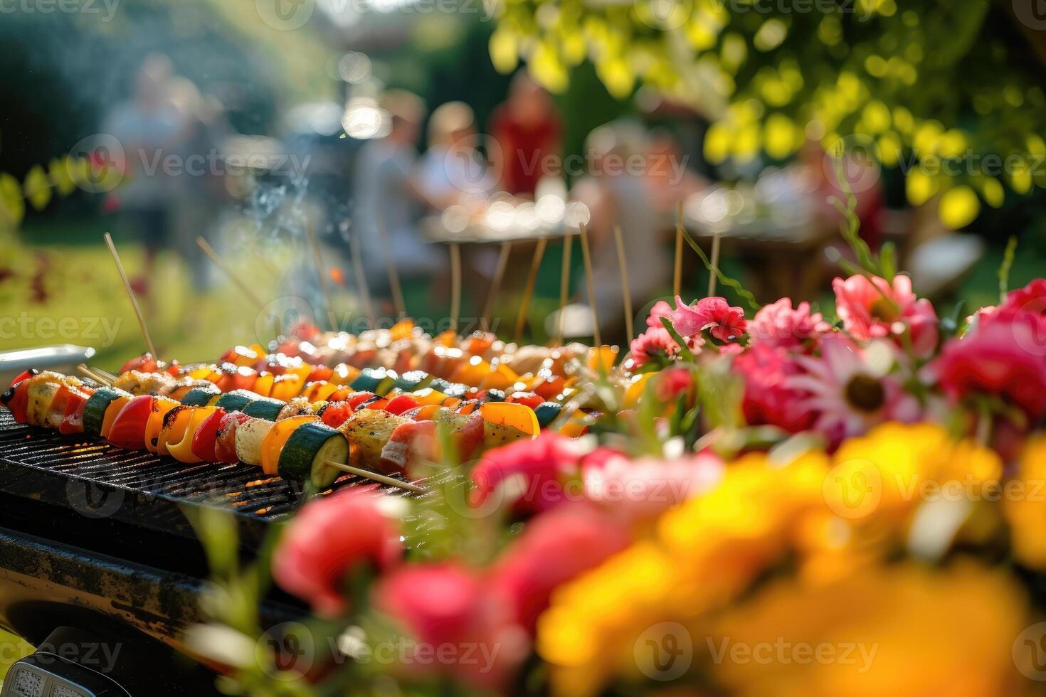 AI generated First spring bbq in a yard with skewers and vegetables on a barbecue next to blooming flowers photo