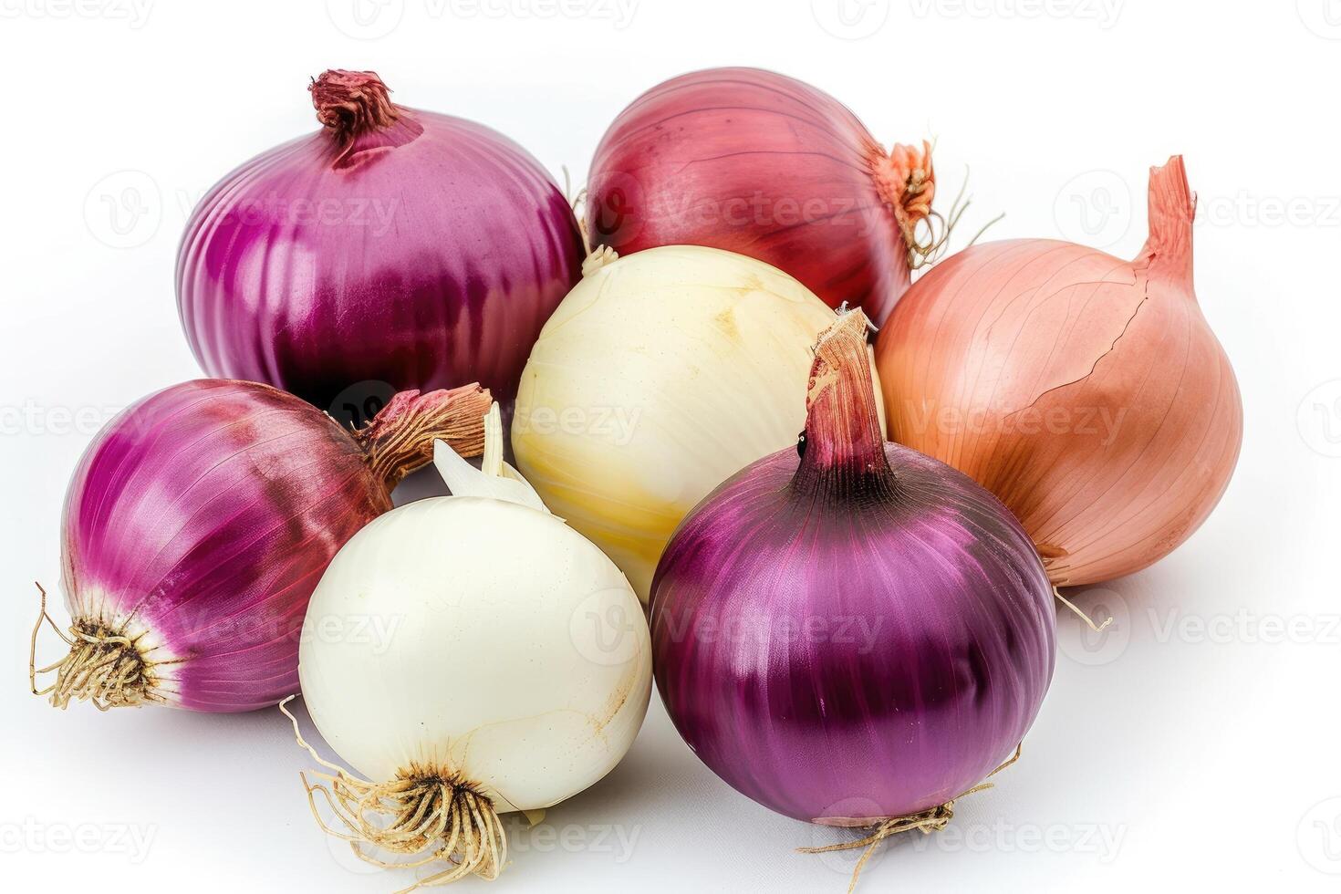 AI generated Group of colorful onions isolated on white background. photo