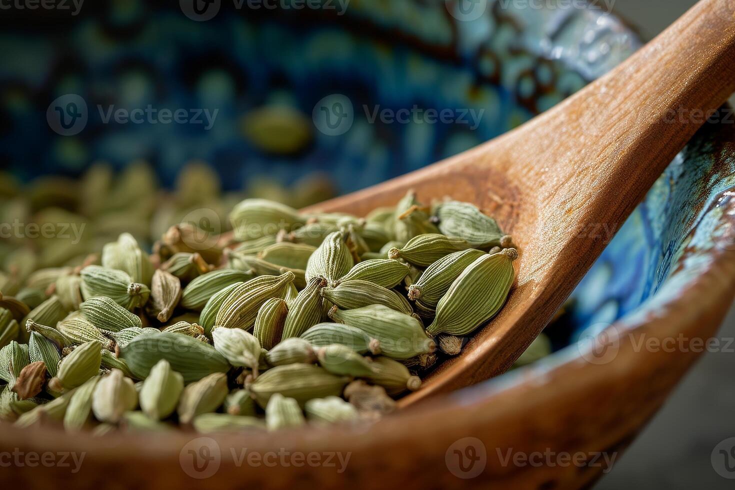 AI generated Bowl with grains cardamom detail of wooden spoon. photo