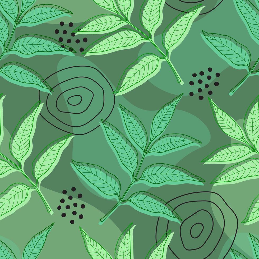 Spring Green Outline Leaves Seamless Pattern vector