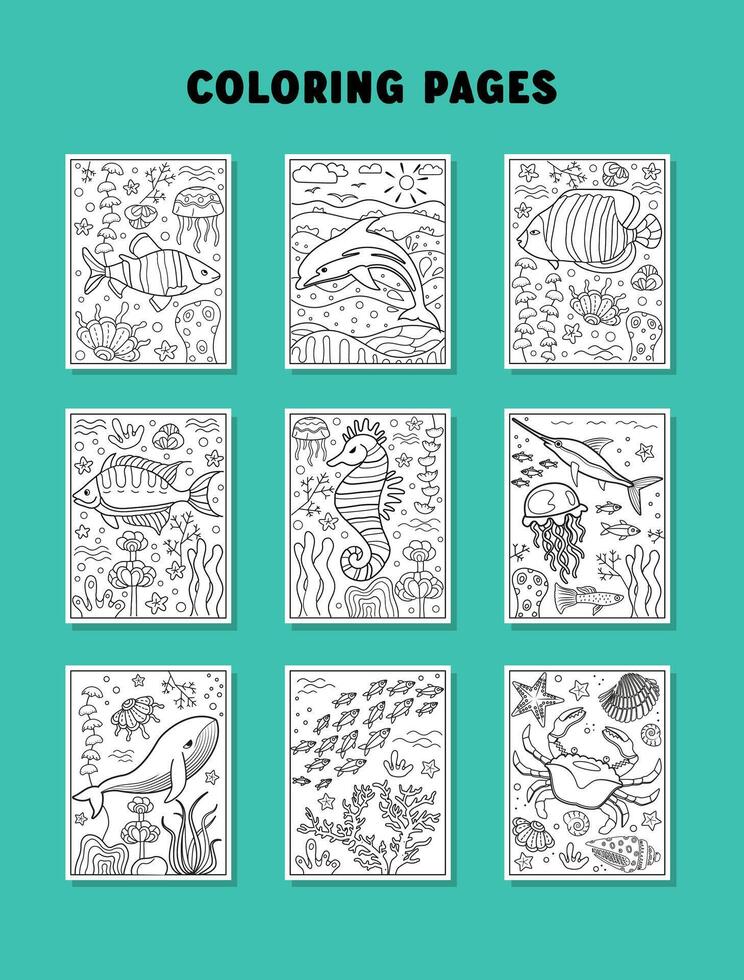 Children Coloring book. Hand drawn coloring pages for kids with sea animals, fish. Beautiful simple drawings with patterns. Preschool, kindergarten education. Children activities sheets vector