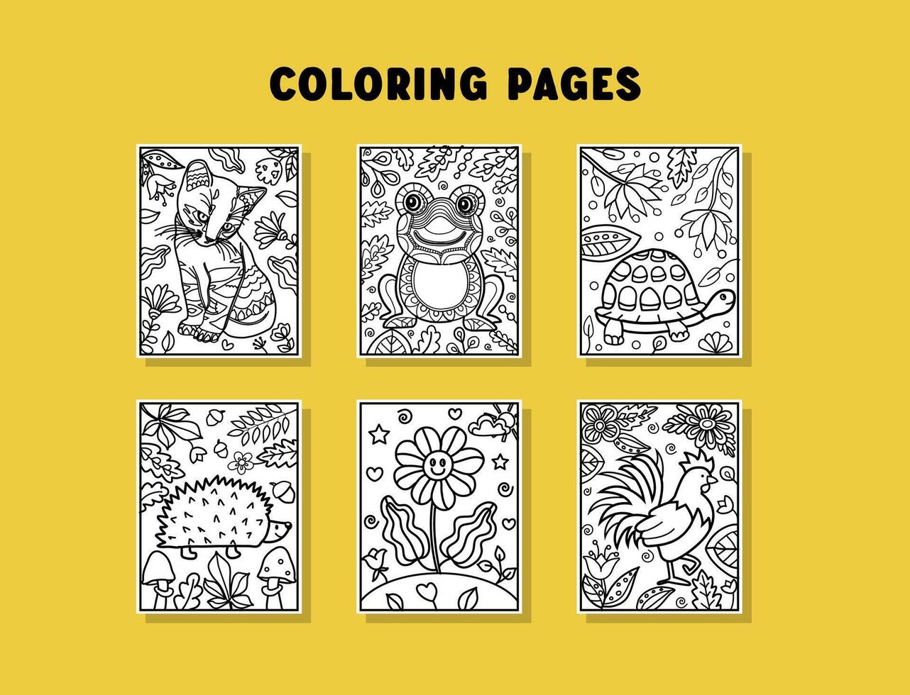 Children Coloring book. Hand drawn coloring for kids with animals. Beautiful simple drawings with patterns. Coloring book pictures. Preschool, kindergarten education. Children activities sheets vector