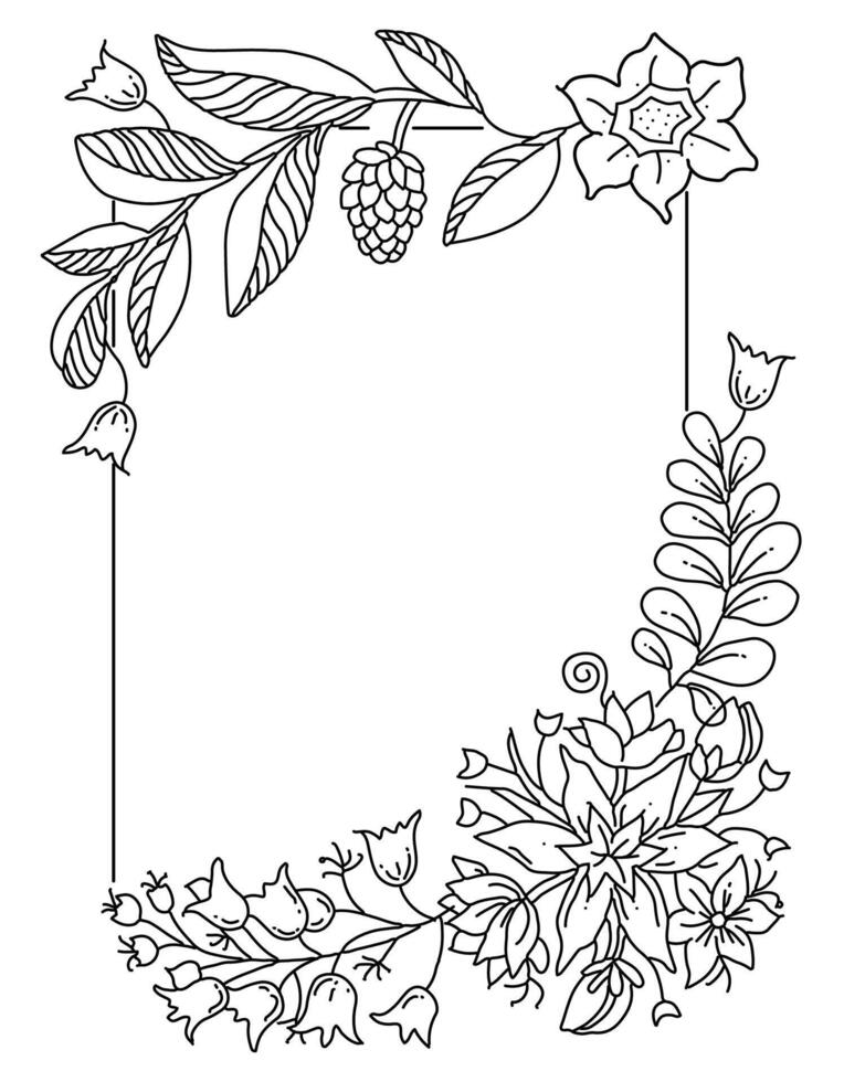 Ornate floral frame, border with space for text. Hand drawn coloring page for kids and adults. Beautiful drawing with patterns and small details. Coloring book pictures. Vector, letter format 8.5 x 11 vector