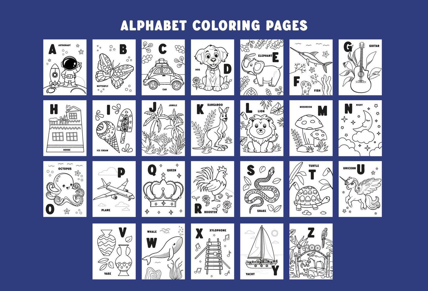Alphabet Coloring book. ABC Hand drawn coloring for kids with animals. Beautiful simple drawings with patterns. Coloring book pictures. Preschool, kindergarten education. Children activities sheets vector