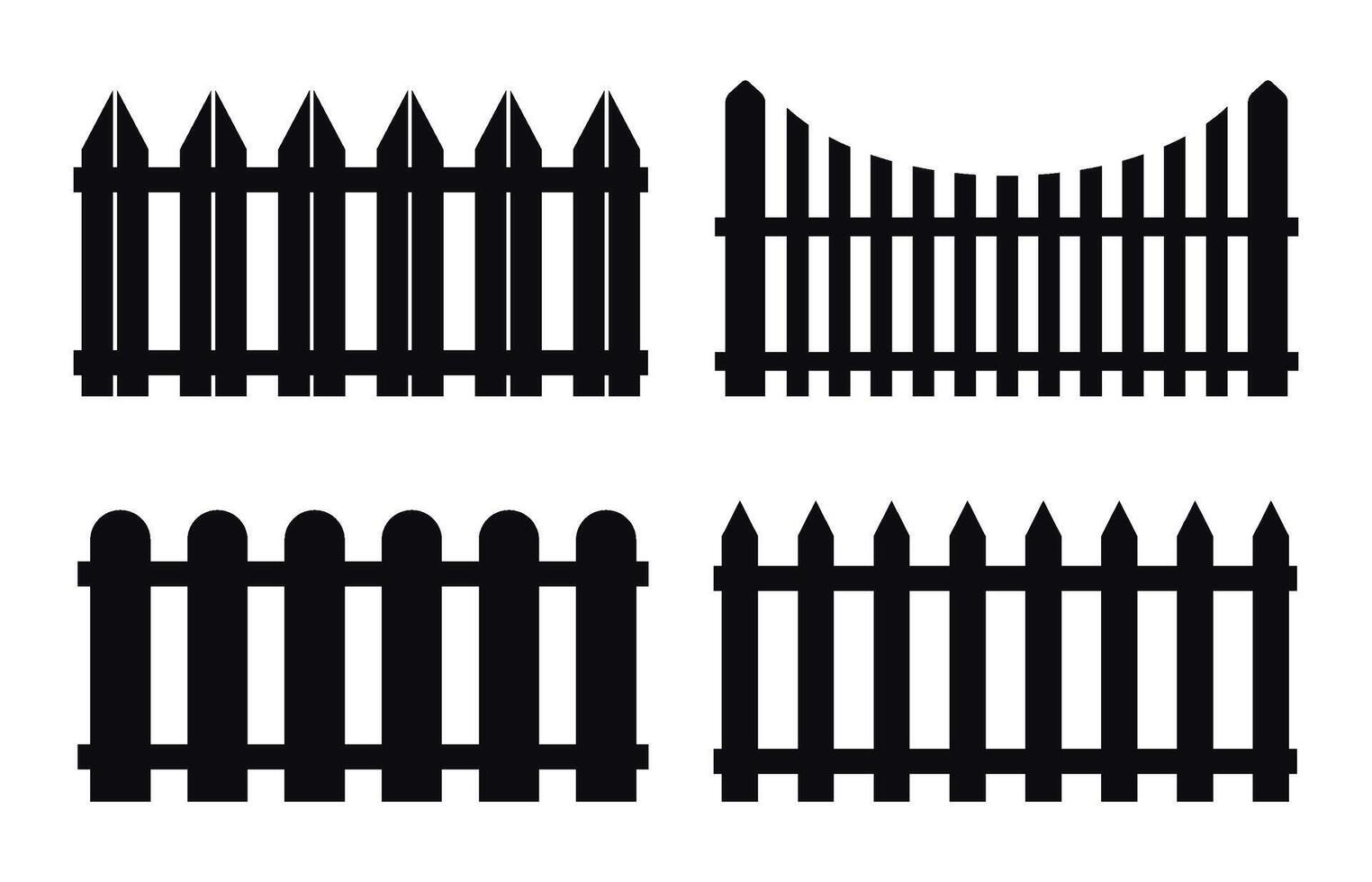 Silhouette fence set. Four isolated timber fences. Flower bed border. Simple black and white village yard fence icon set vector