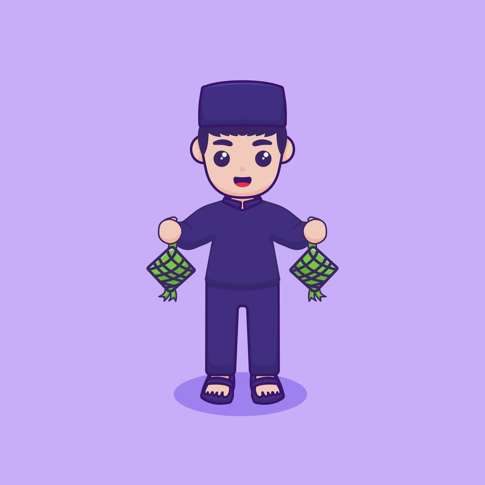 vector ilustración de un personaje participación un ketupat. Ramadán kareem diseño concepto