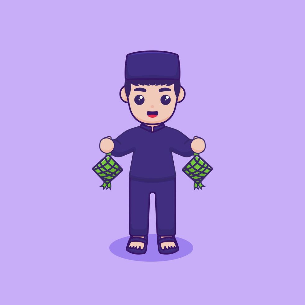 Vector illustration of a character holding a ketupat. Ramadan Kareem design concept