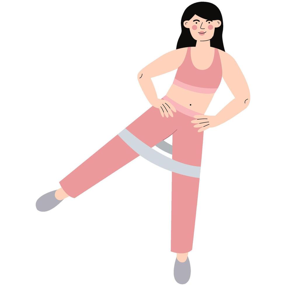 Young woman with black hair  is doing exercise with resistance band. Healthy activity and lifestyle. vector