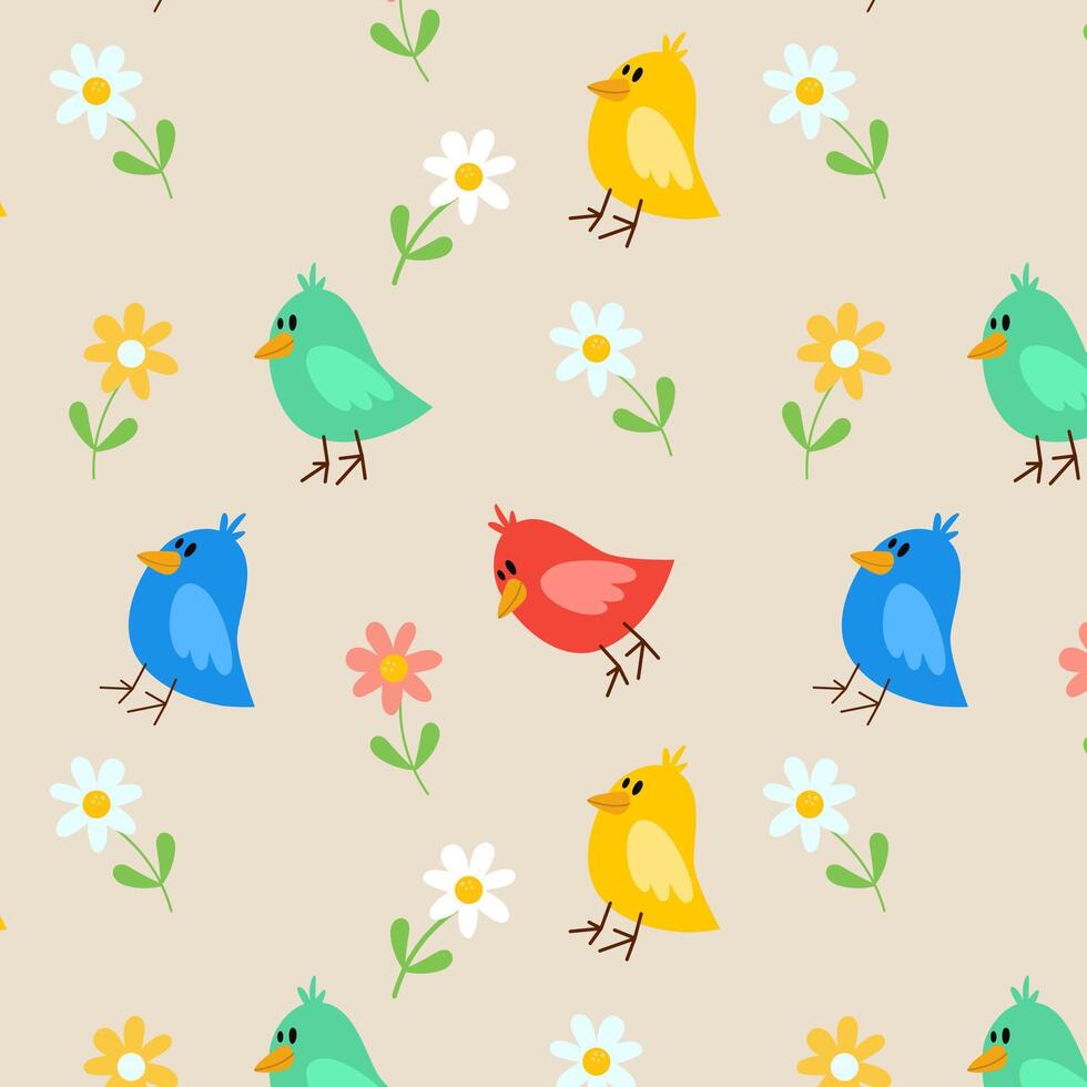 Cute pattern with bird and flowers. Hand draw nature vector pattern
