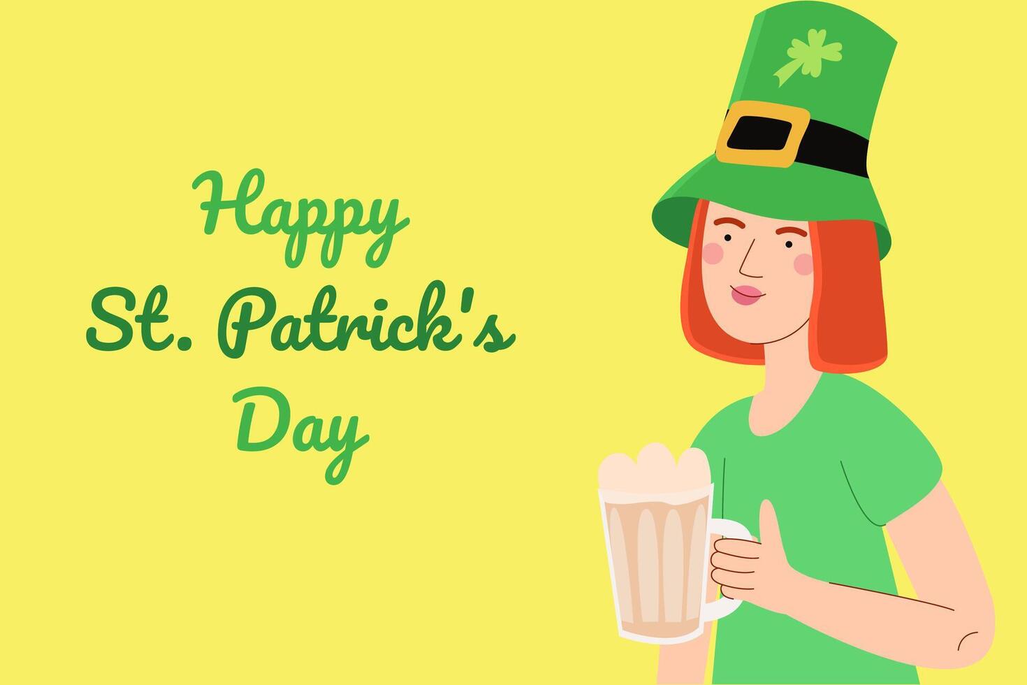 Woman in green bowler hat with drink. Happy St Patrick's Day character. Used for greeting card, and poster design. vector