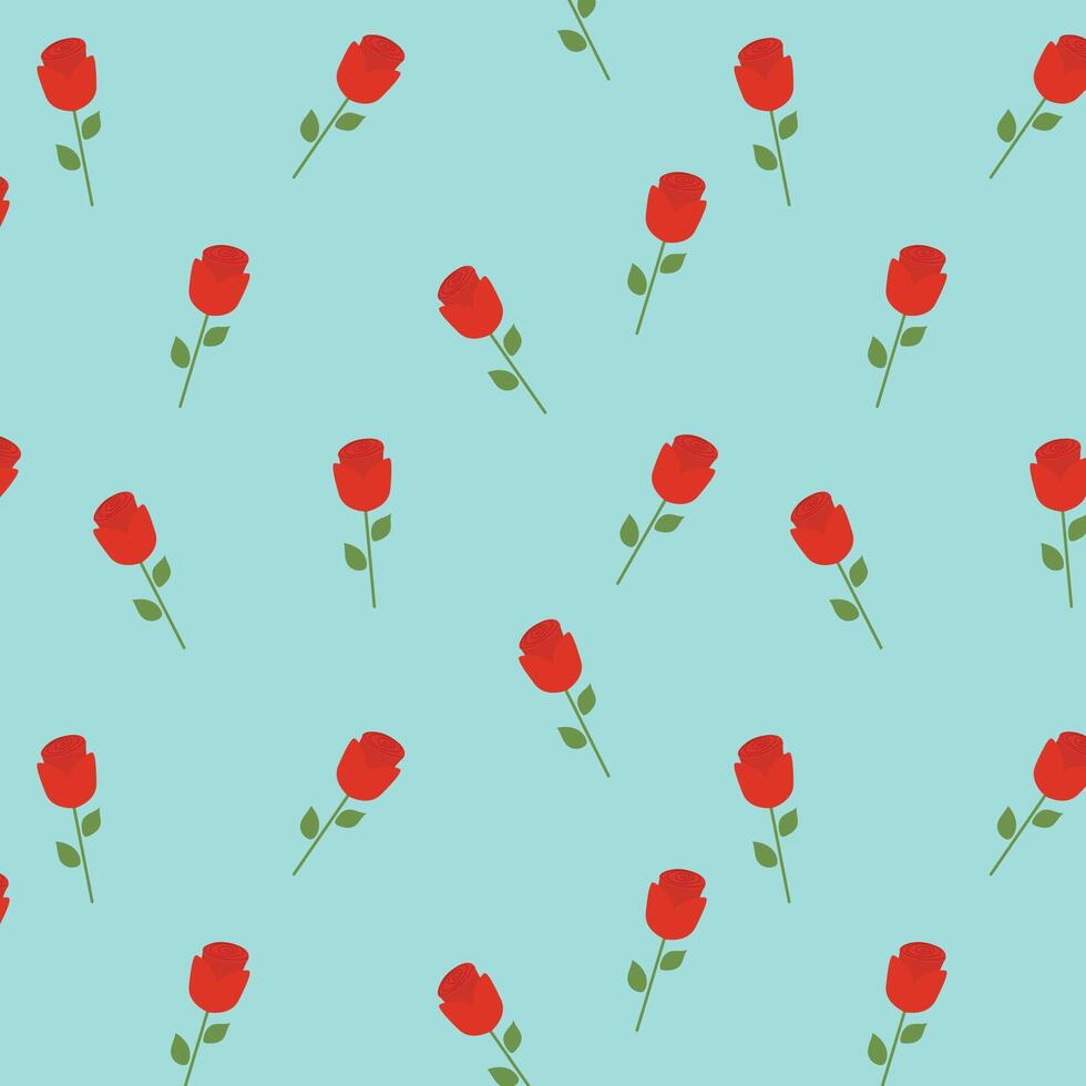 Red roses isolated on blue background. Hand drawn rose floral seamless pattern vector illustration.