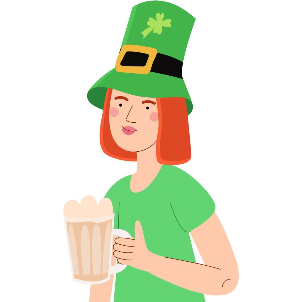 Woman in green bowler hat with drink. Happy St Patrick's Day character. Used for greeting card, and poster design. vector