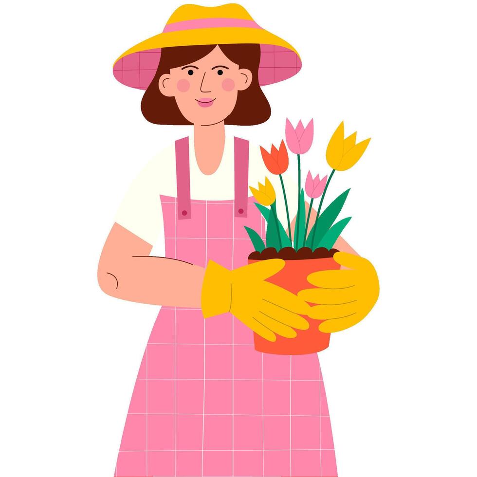 Woman holding pot with plant of tulip in hands. Concept of growing and caring  plants.  Spring gardening. vector