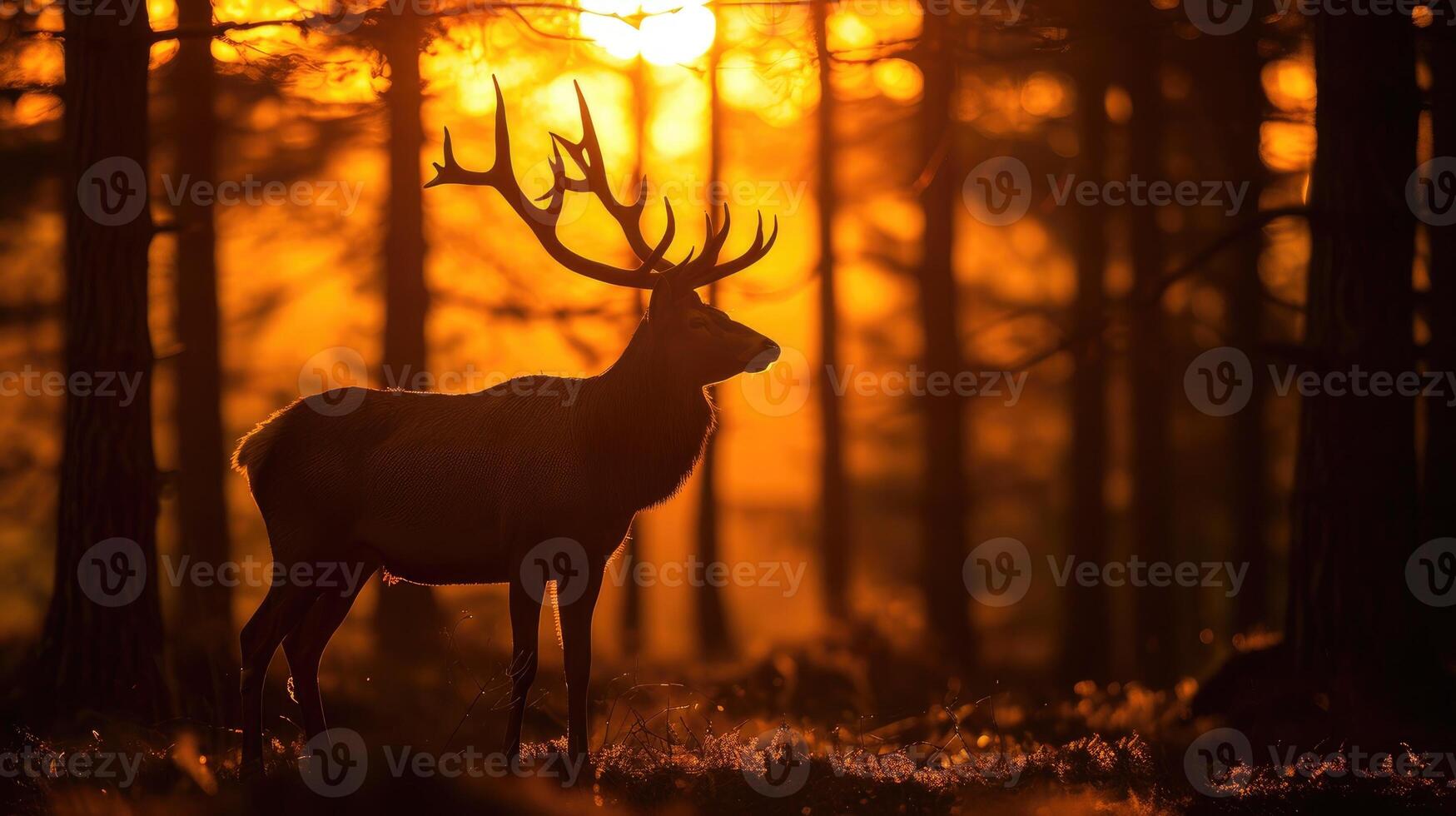 AI generated Silhouette of a red deer stag in the forest at sunset. photo