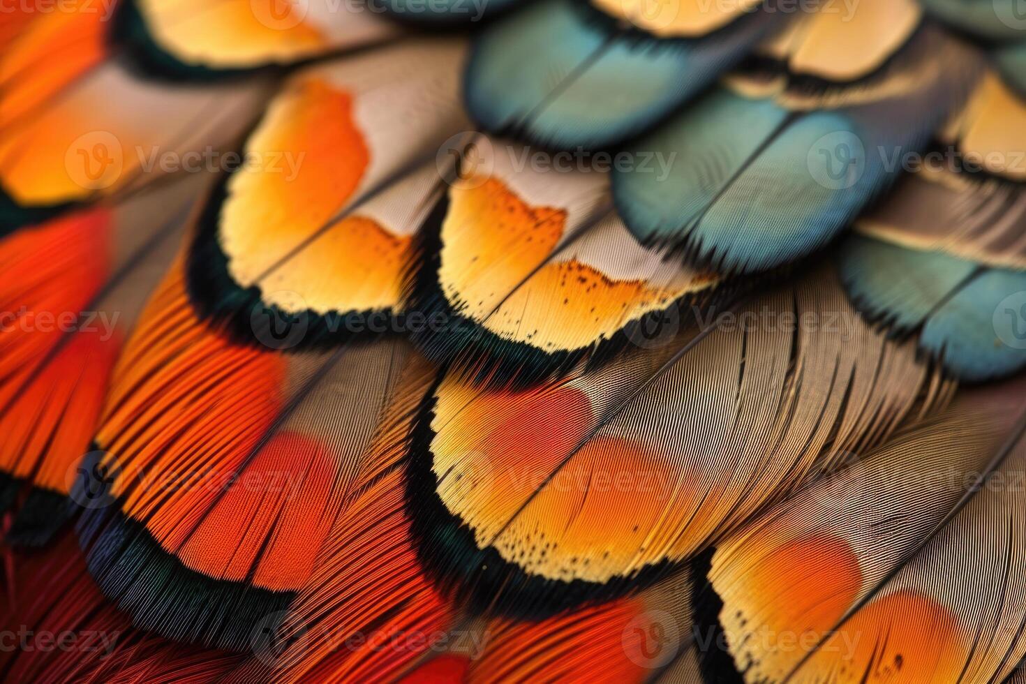 AI generated Closeup abstract background image of colorful ring-necked pheasant feathers. photo