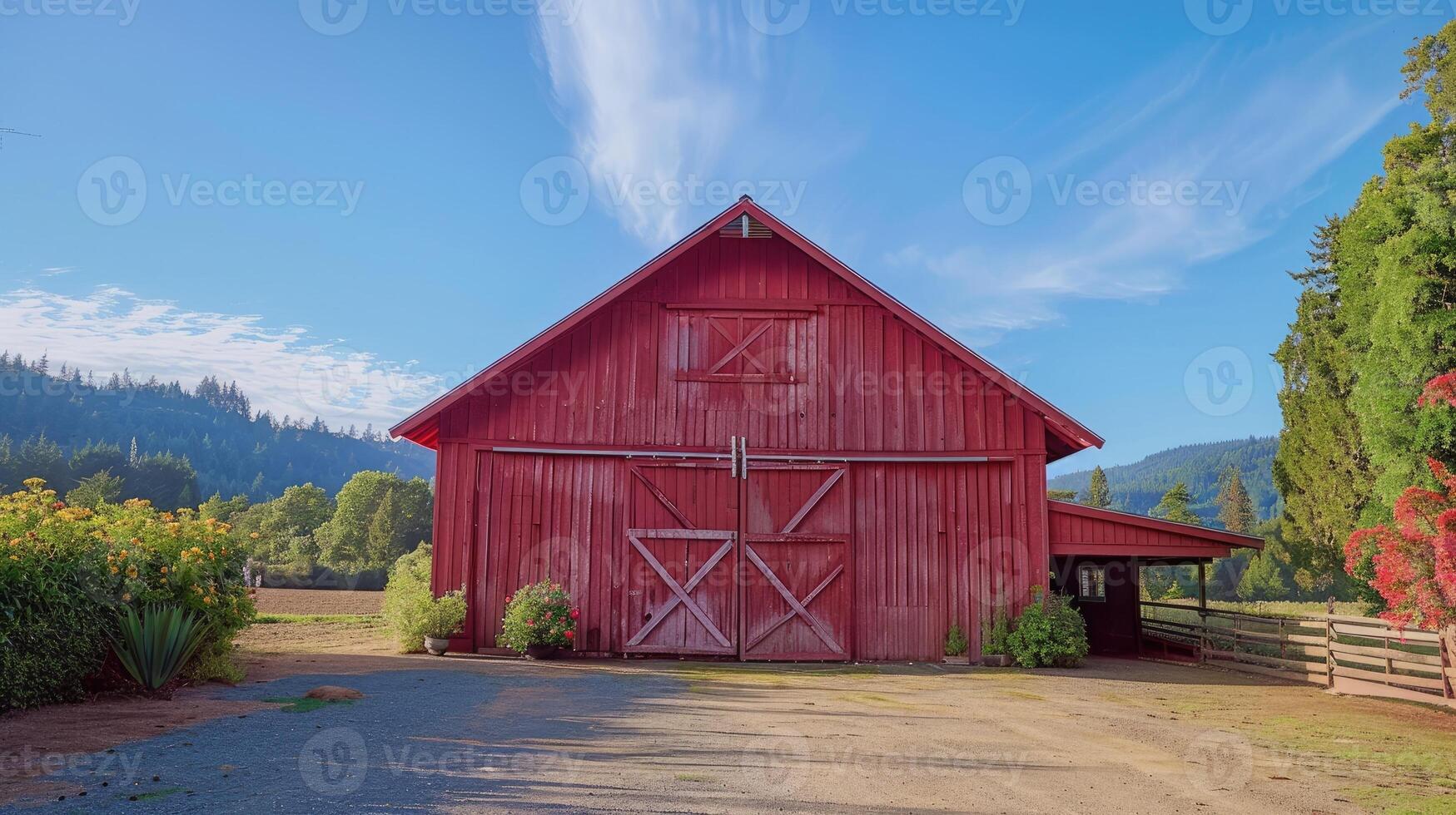 AI generated Red barn on farm landscape photo
