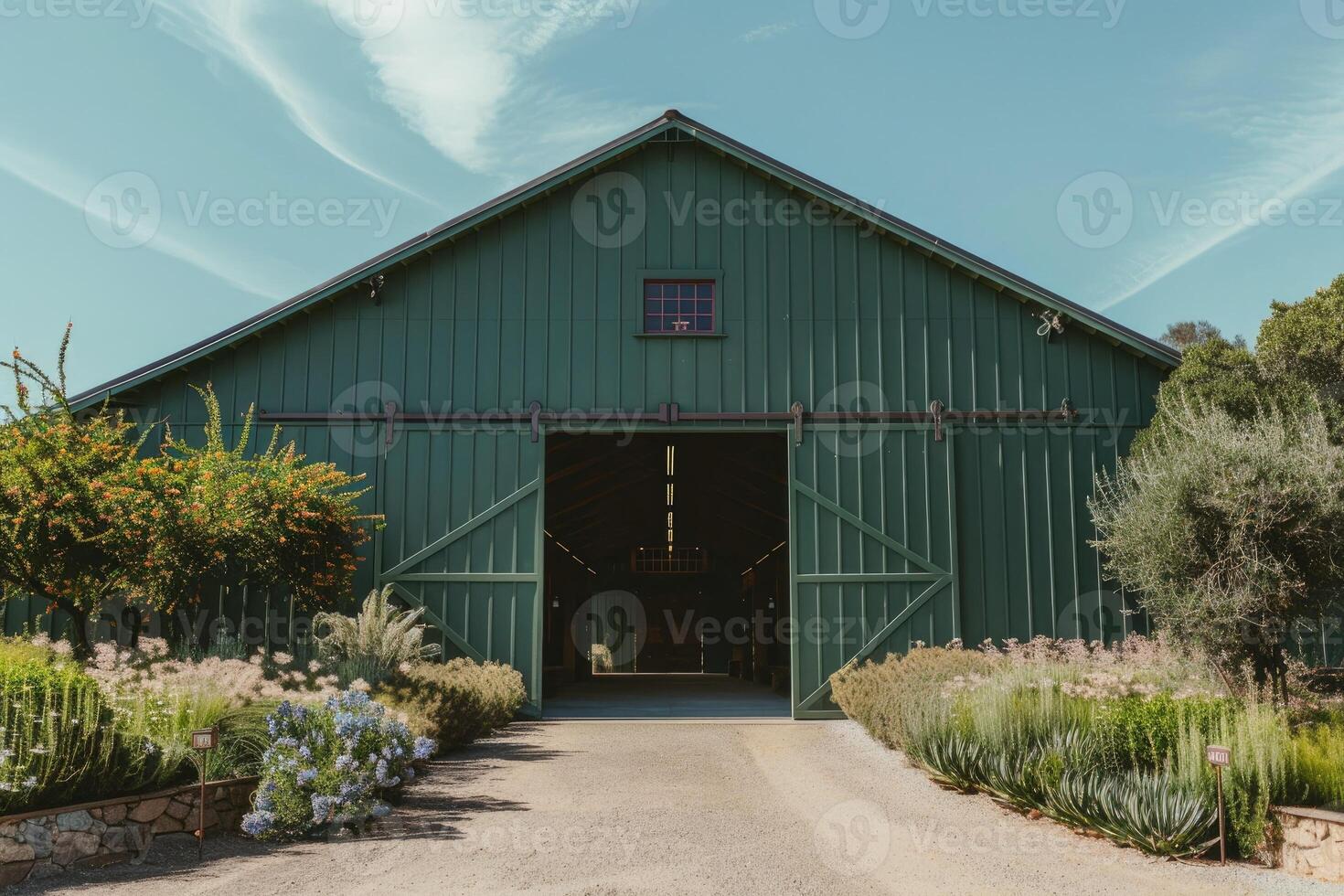 AI generated Green barn on farm landscape photo