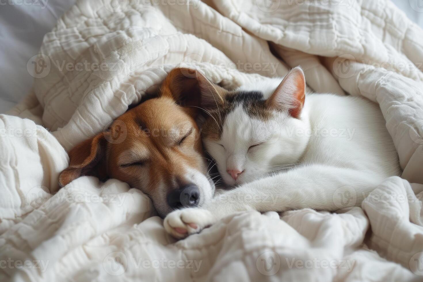 AI generated Cute dog and cat sleeping together in bed under blanket. Friendship of cute pets concept. photo