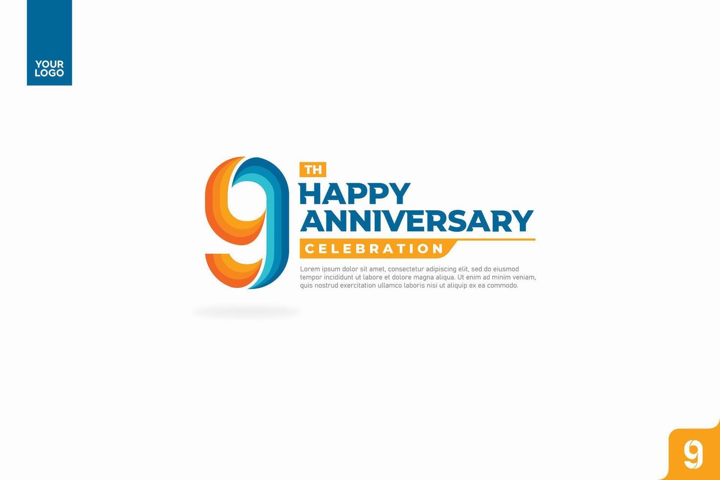 9th happy anniversary celebration with orange and turquoise gradations on white background vector