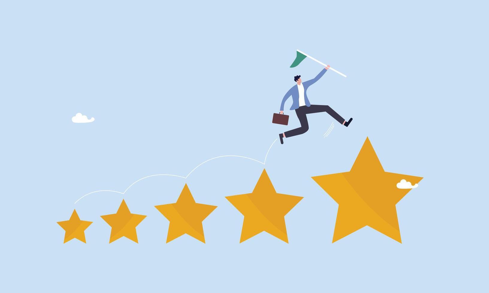 Performance review, annual employee evaluation, appraisal or rating feedback, success five stars employee, excellent feedback opinion concept, business man jumping from small stars to biggest stars vector