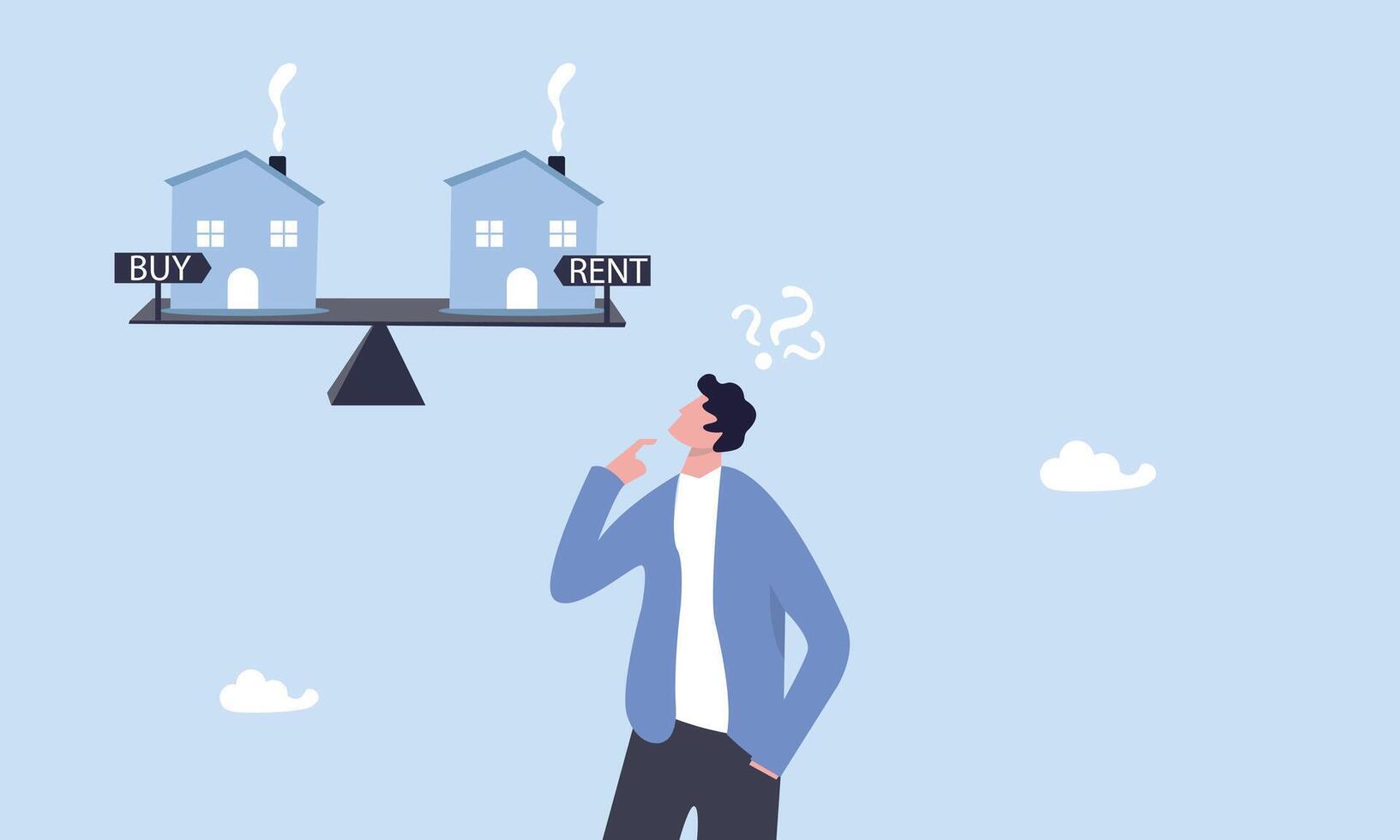 House buy or rent, making decision for owning property and real estate, investment or lifestyle choice concept, businessman standing confuse to choose to buy or rent a house home apartment vector
