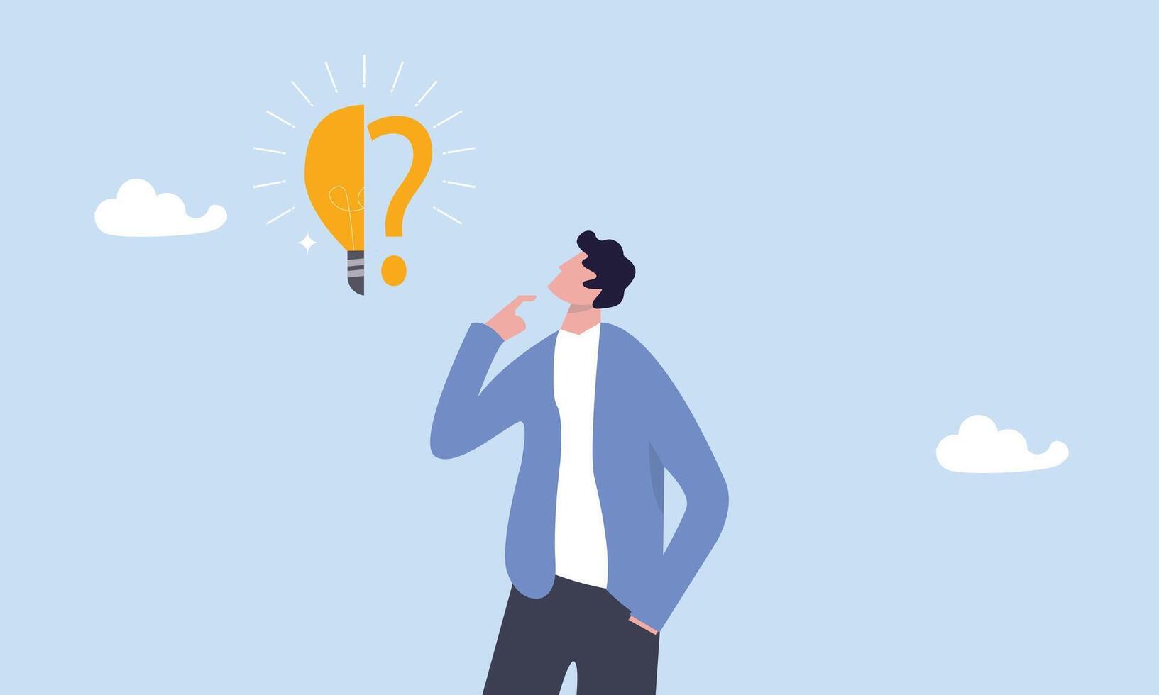 Business problem, idea, decision making and solution, job and career path concept, confusing businessman stand with question mark sign and half of lightbulb lamp for bright solution. vector