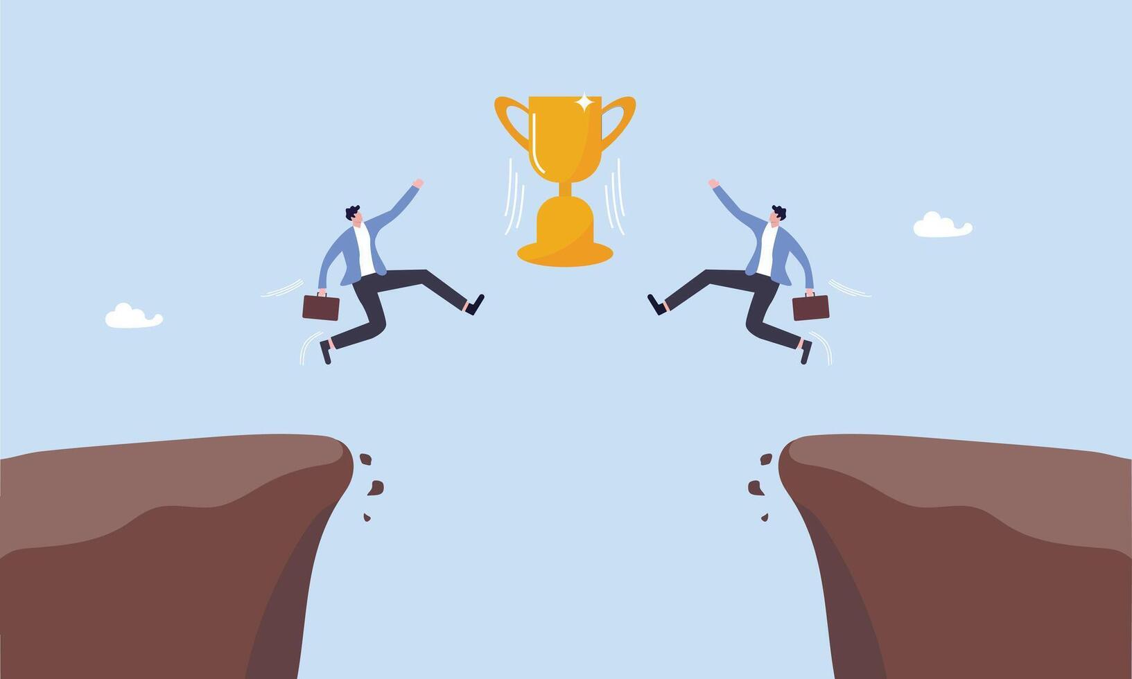 Victory or business achievement, triumph or award winning, accomplishment for leadership success, determination for career success concept, two businessmen jumping to grab a trophy. Compete for Busine vector