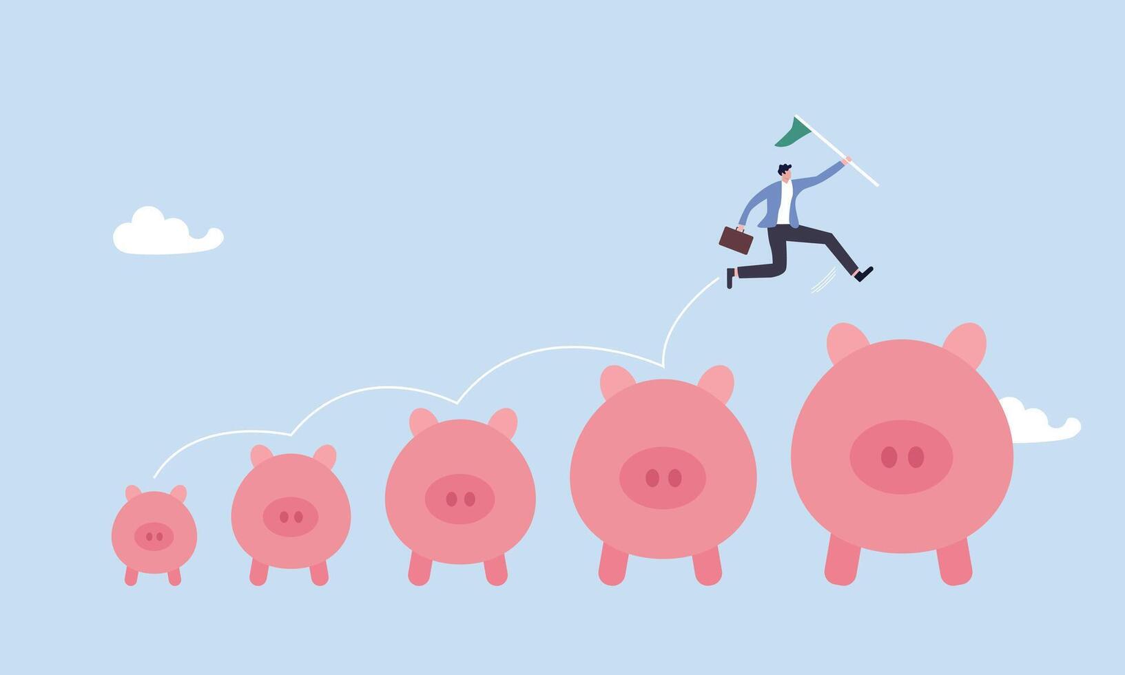 Investment and savings growth, making more money and collect more wealth concept, salary or profit increase, business man jumping from small piggy bank to bigger profit to achieve financial goal. vector