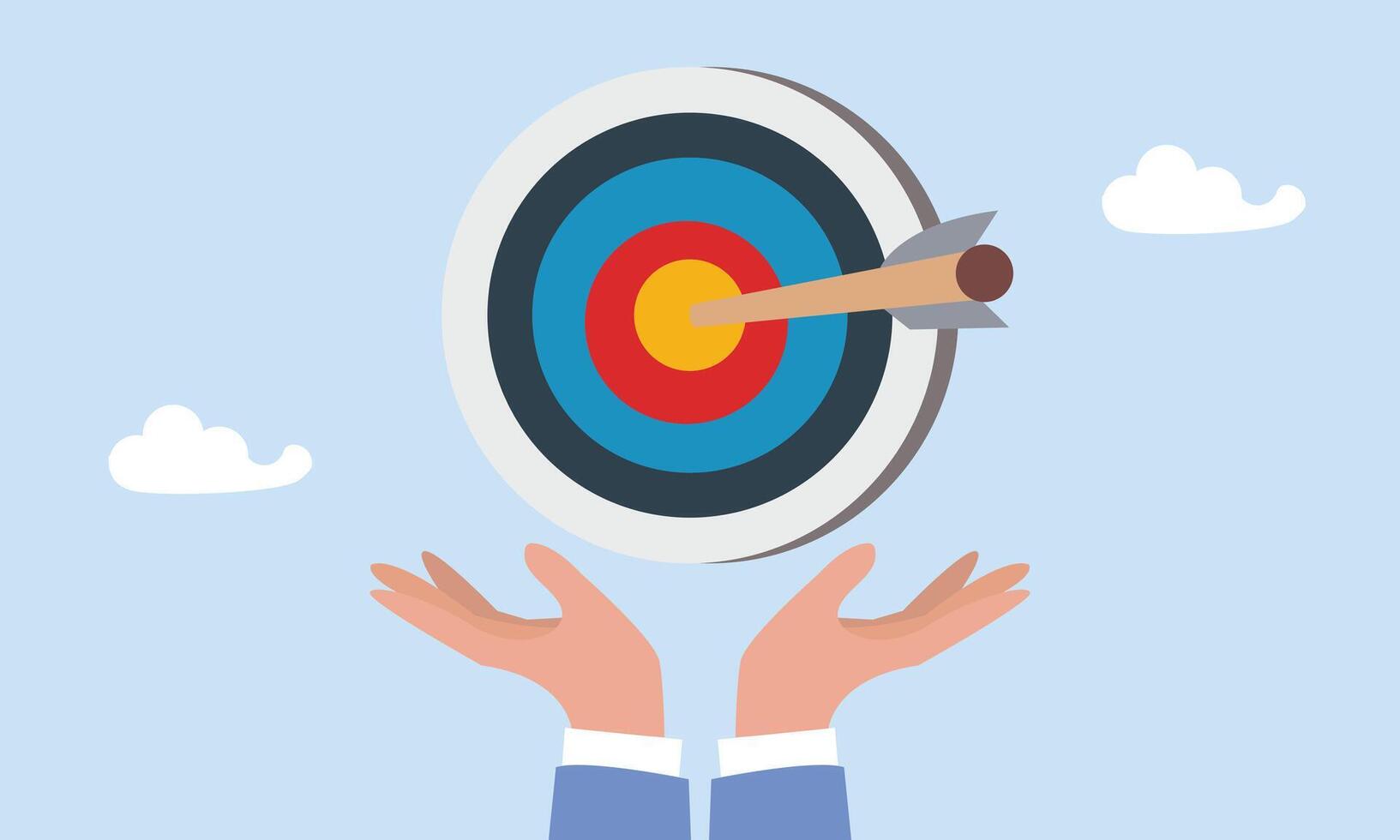 Goal or target. Purpose or objective. Focus and concentration to achieve success, aiming at target bullseye, accuracy, challenge and aspiration, businessman hand hold target with arrow hit bullseye. vector