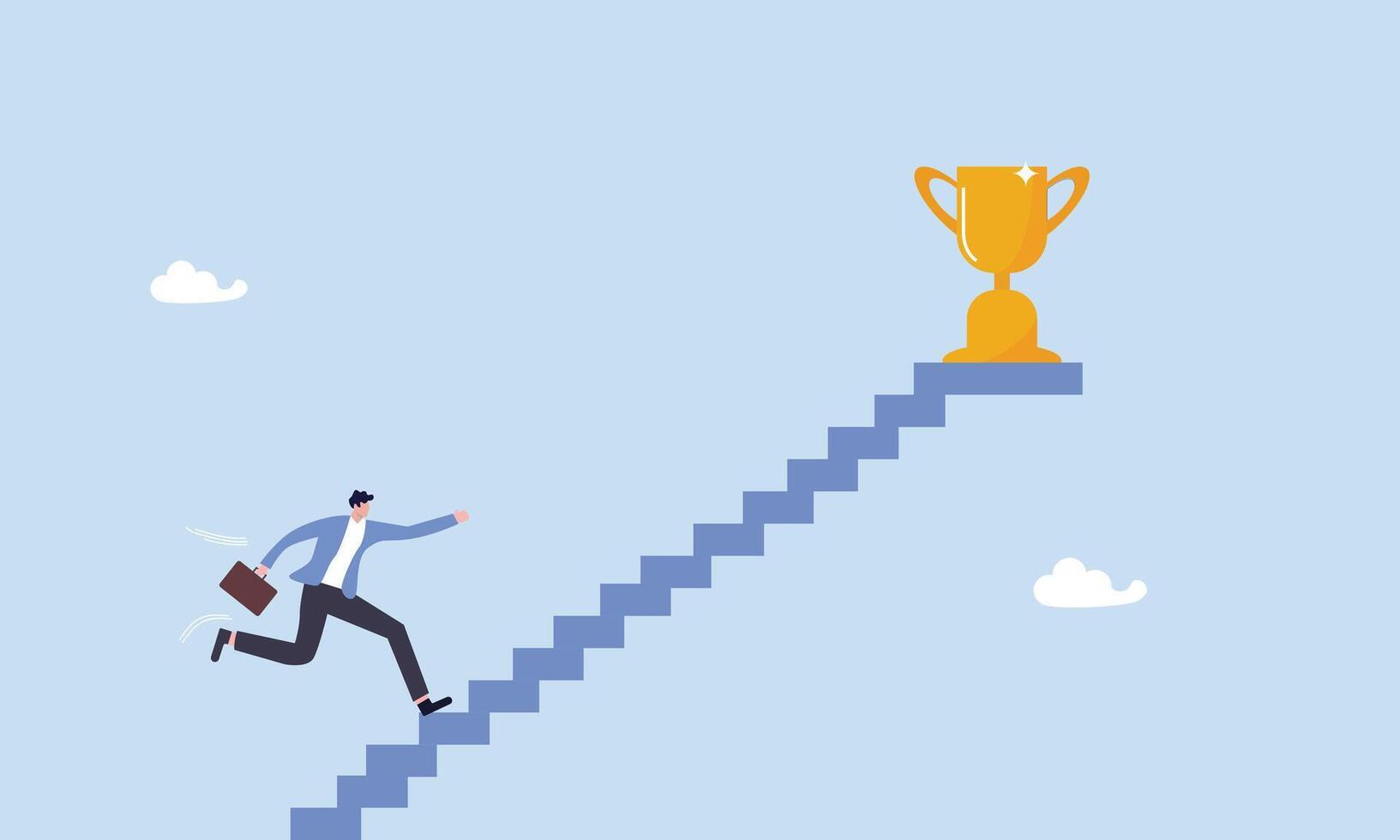 Confidence businessman take slow small stair steps to reach goal, take small steps to achieve big goal, growing wisely slow and steady to reach target and achieve success, career development concept vector