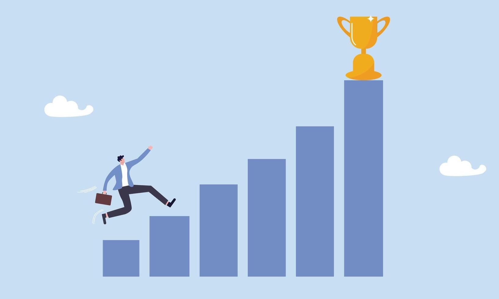 Motivated businessman running on growing bar graph to catch winner trophy, motivation to drive success, achievement or reward motivate employee to improve and succeed, benefit, prize award concept vector