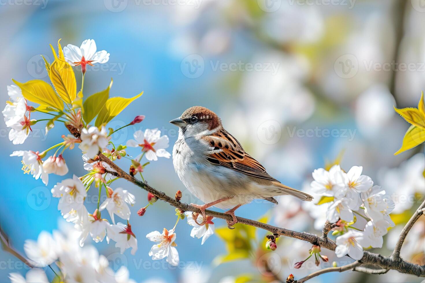 AI generated Little bird sitting on branch of blossom cherry tree. Spring time. photo