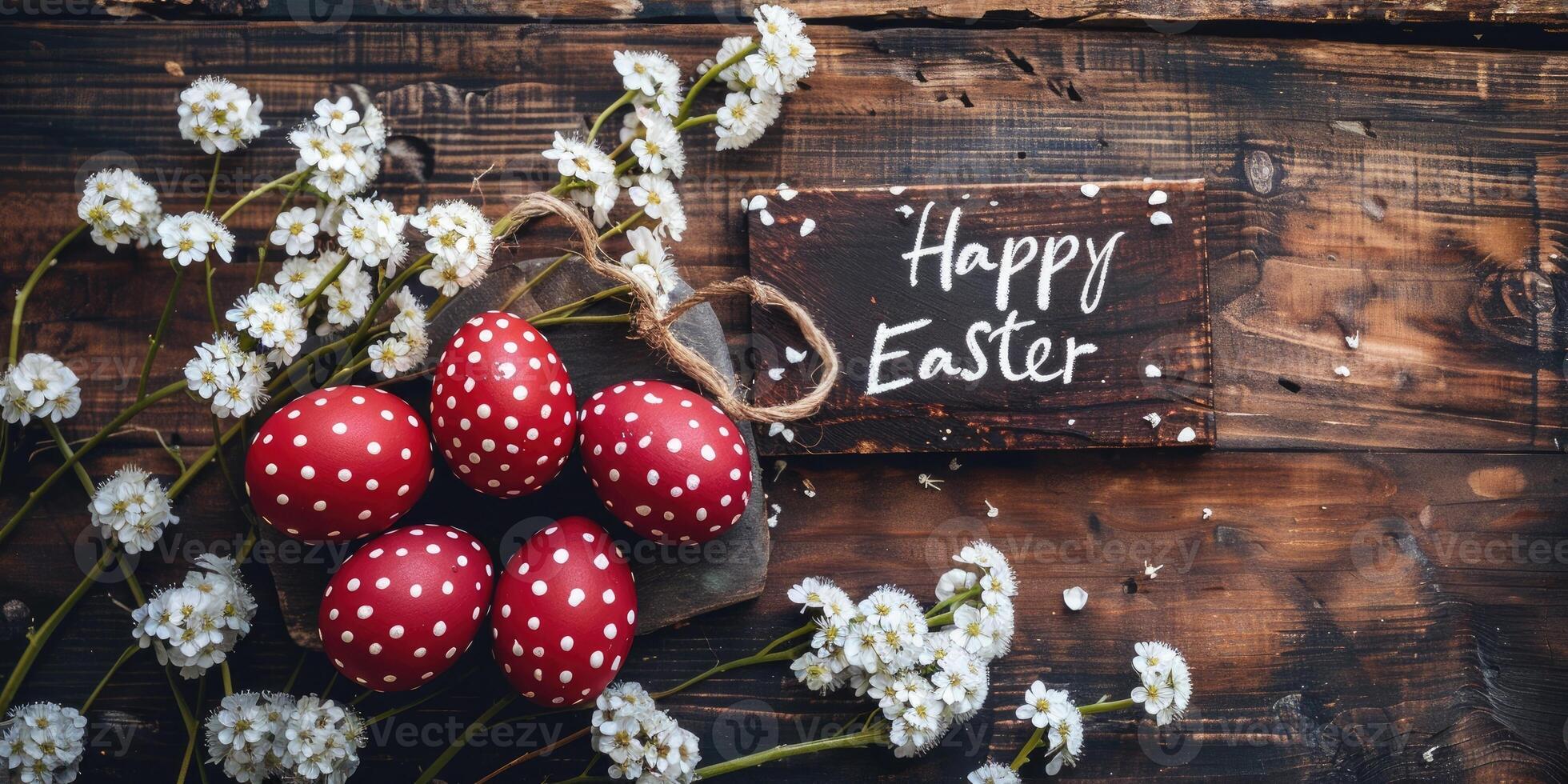 AI generated Easter dark red eggs and spring white flowers photo