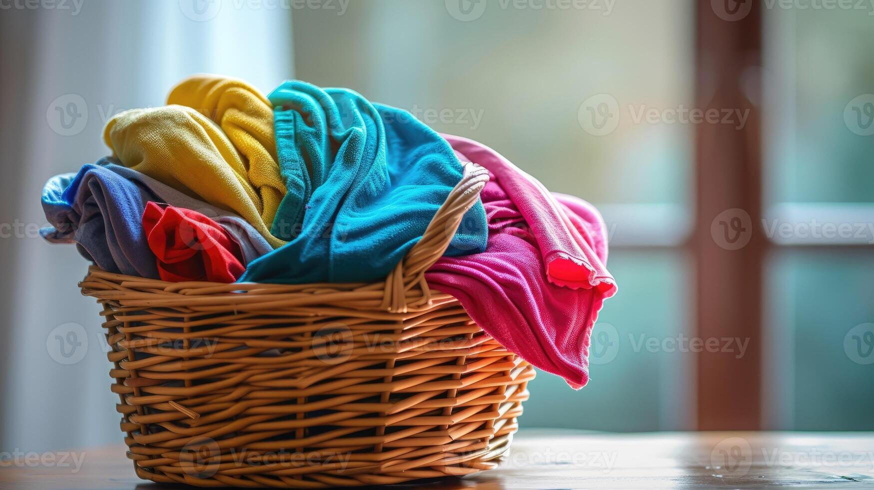 AI generated Assorted pastel color clothes neatly arranged in a wicker basket on a table. photo