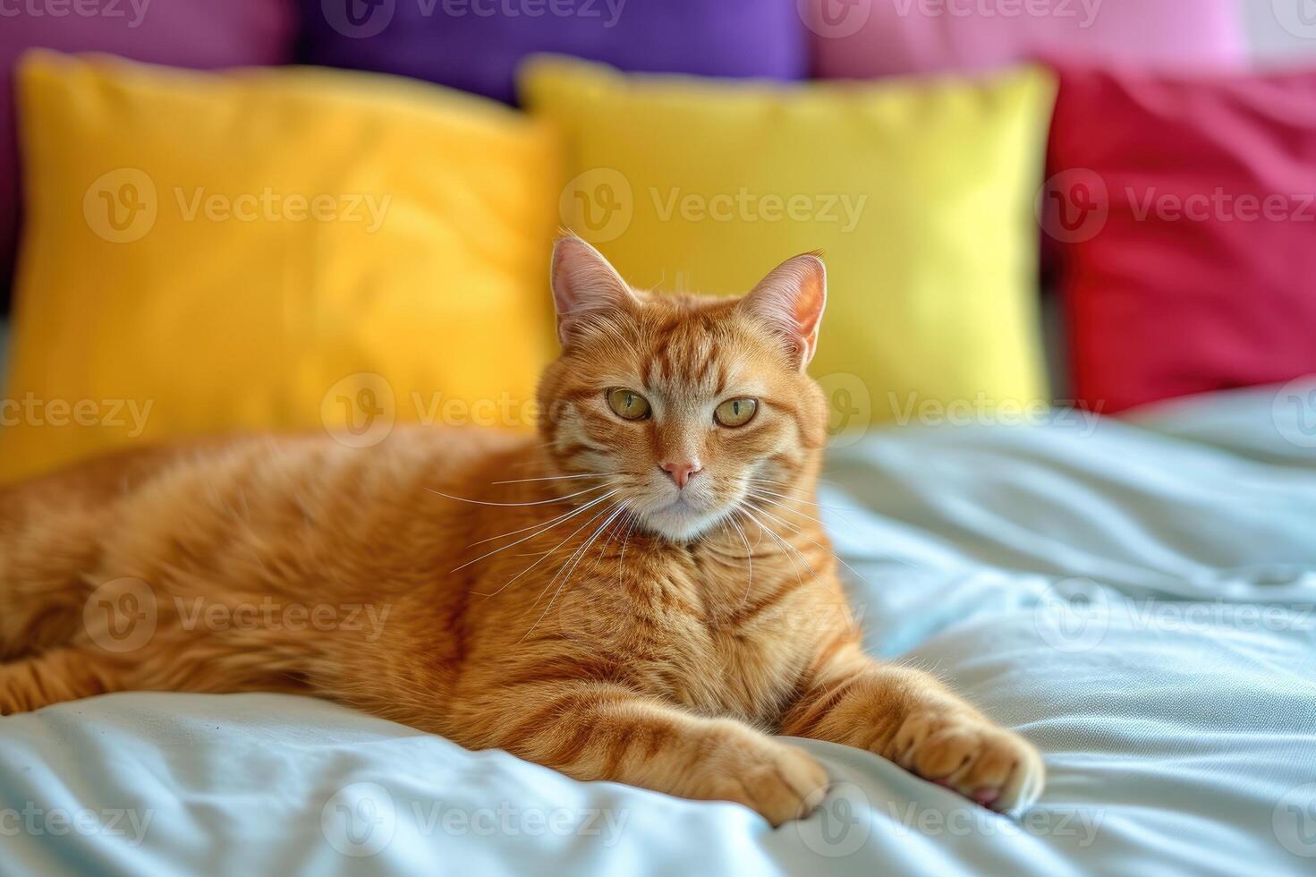 AI generated Cat with color pillows behind him on a bed. photo