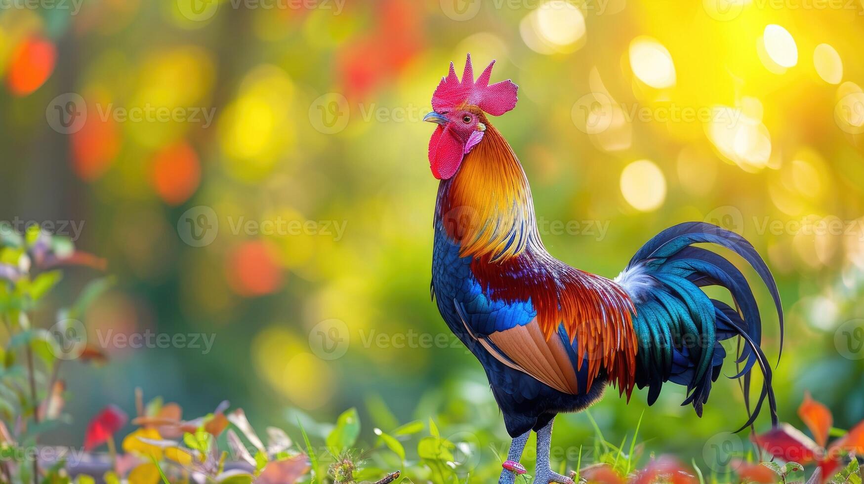 AI generated Beautiful rooster on nature background. photo