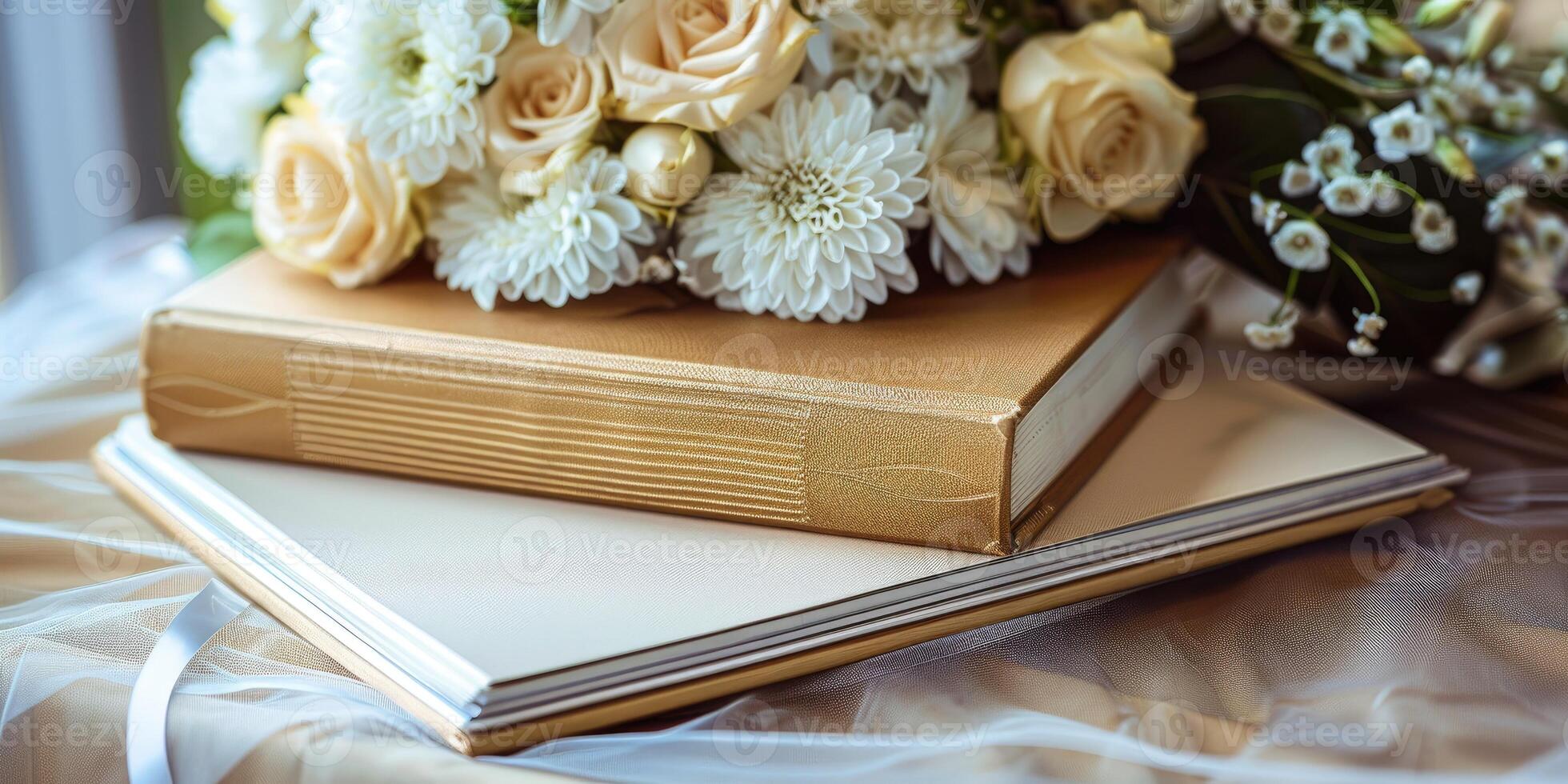 AI generated Wedding photo album with flower on a wooden background