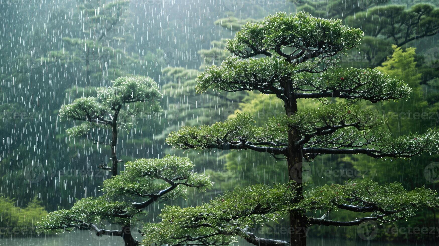 AI generated Japanese garden pine trees in spring rain. photo