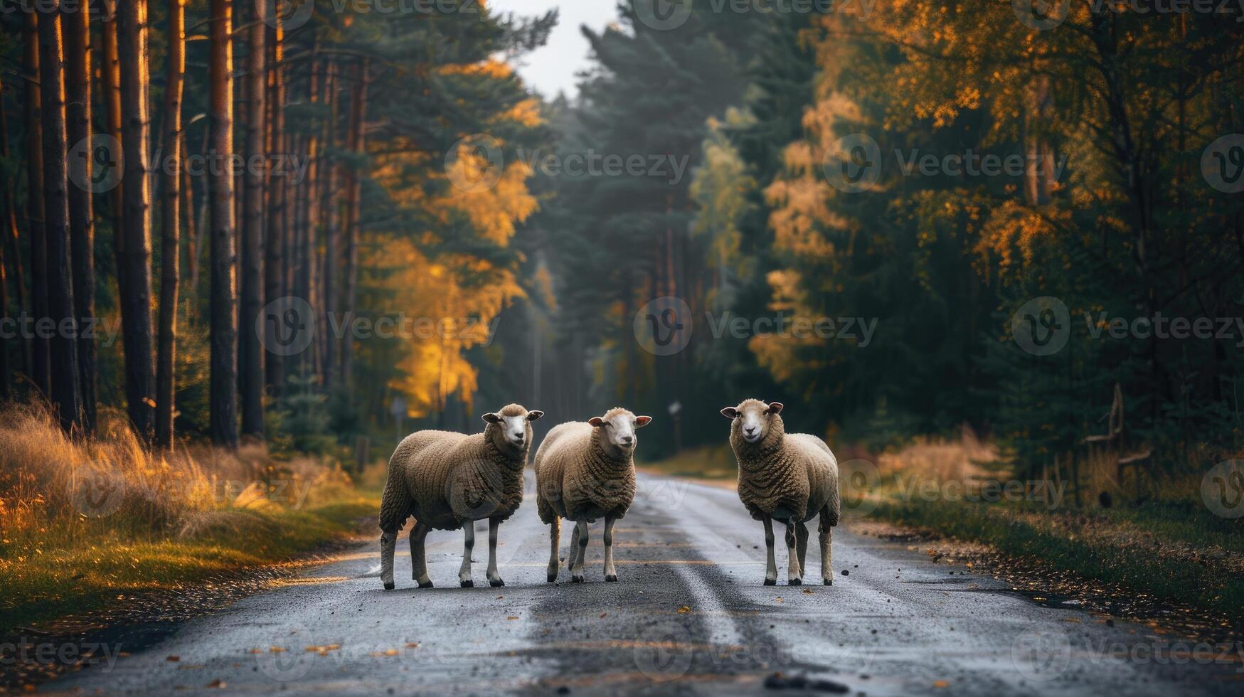 AI generated Sheeps standing on the road near forest at early morning or evening time. Road hazards, wildlife and transport. photo