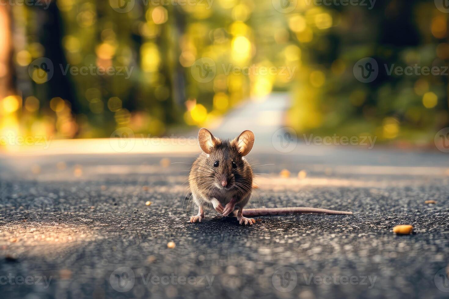 AI generated Mouse standing on the road near forest at early morning or evening time. Road hazards, wildlife and transport. photo