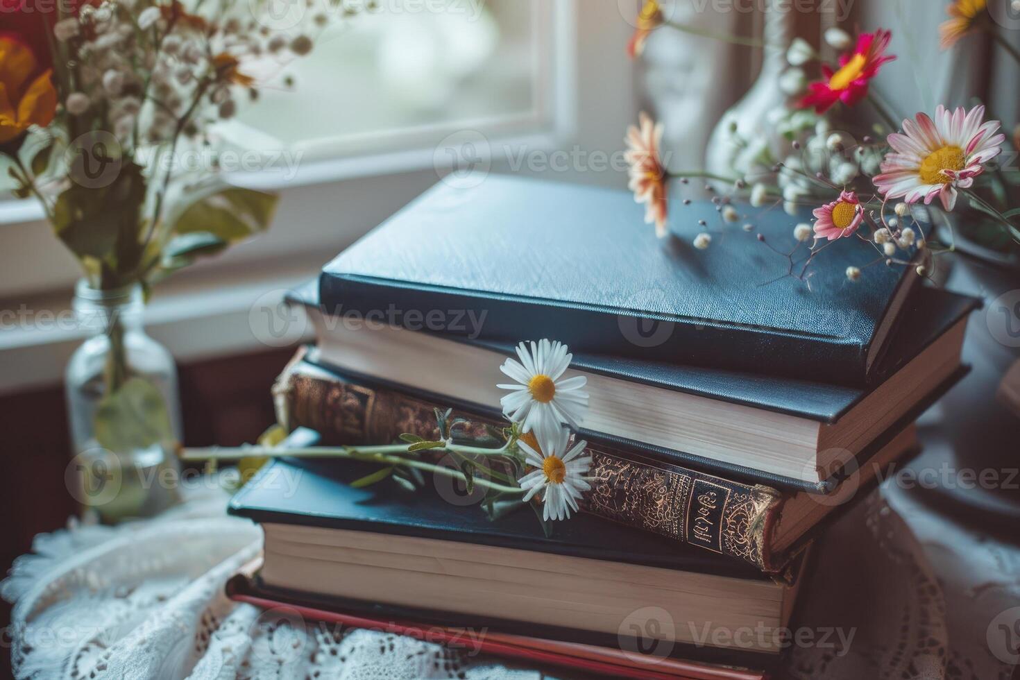 AI generated Wedding photo album with flower on a wooden background