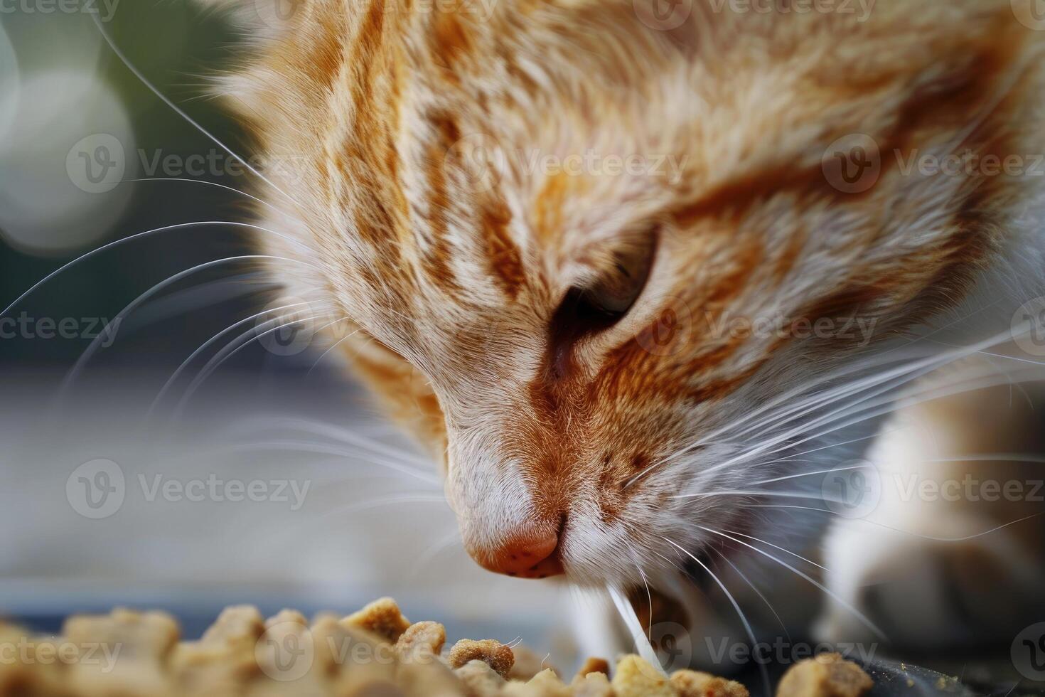 AI generated Close-up of cat eating dry food from bowl. photo