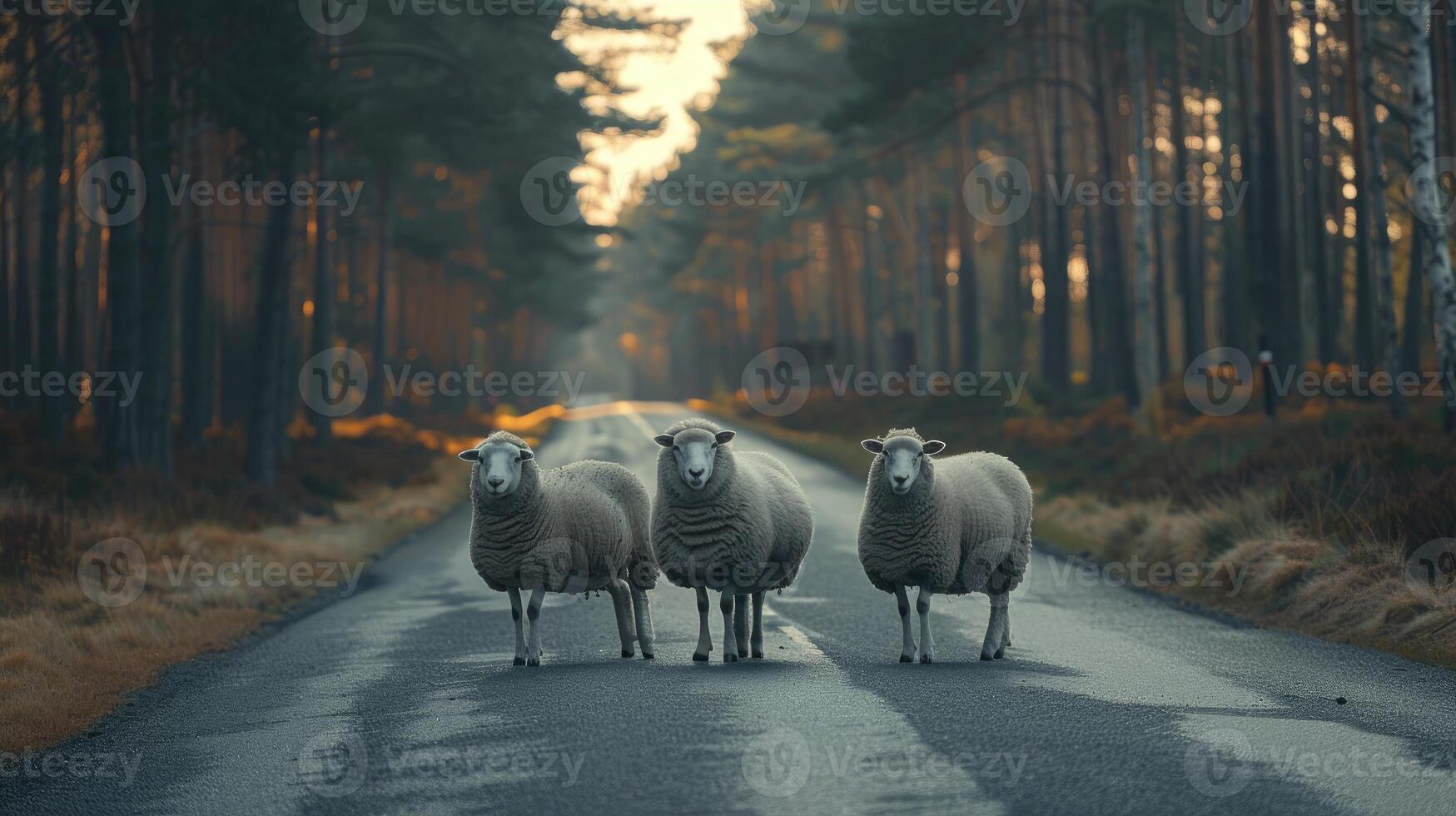 AI generated Sheeps standing on the road near forest at early morning or evening time. Road hazards, wildlife and transport. photo